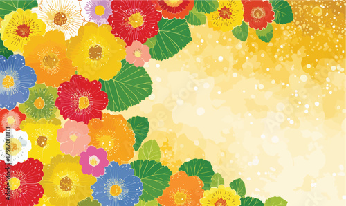色とりどりの花々が輝く金色の背景に広がる、華やかなイラストレーションです。