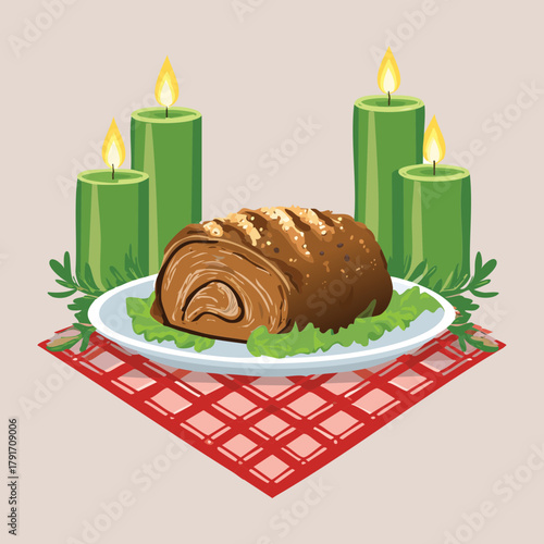 Savory meatloaf or roulade on a plaid tablecloth, surrounded by green taper candles and holly berries for a cozy Christmas dinner - Vector Illustration