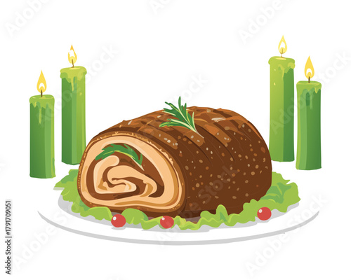 Savory meatloaf or roulade on a platter, surrounded by fresh lettuce and decorated with lit green taper candles for a festive scene - Vector Illustration
