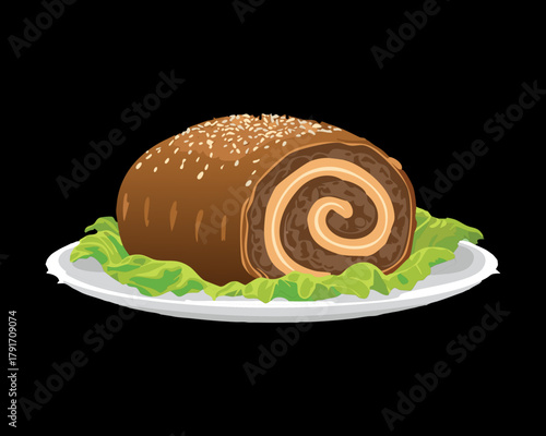 Savory roulade or meatloaf roll with filling, baked to a golden brown and served as a rustic centerpiece for a holiday meal - Vector Illustration