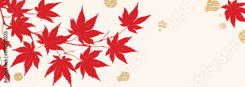 秋の紅葉と金色の模様が描かれた、和風のベクターイラスト背景。