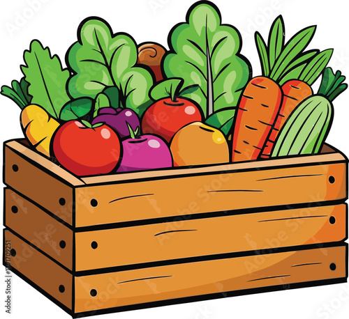 Cartoon Wooden Crate Full of Fresh Fruits and Vegetables, Harvest or Farmer's Market Produce Box Illustration