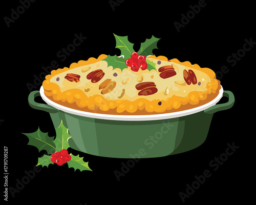 Dark, rustic traditional Christmas plum pudding or fruitcake, baked in a green ceramic dish, topped with holly and nuts - Vector Illustration