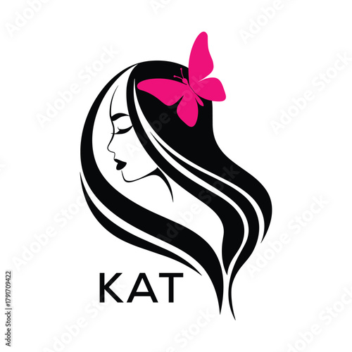 KAT Elegant Woman Hair Logo with Butterfly. KAT Beauty Salon, Hairdresser & Feminine Brand Identity KAT Modern Beauty Design.
