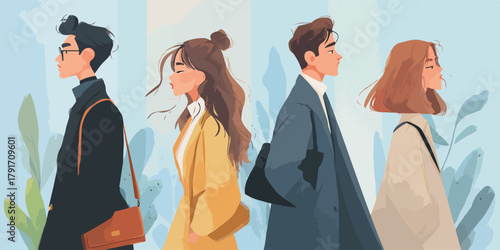 都会の背景で歩く若い男女のベクターイラスト、現代的なファッションとライフスタイルを表現