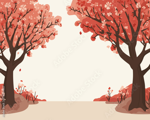 鮮やかな赤色の花を咲かせる木々が並ぶ、穏やかな風景のイラストレーション。