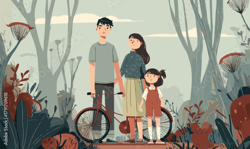 自然の中で自転車を楽しむ家族のイラスト