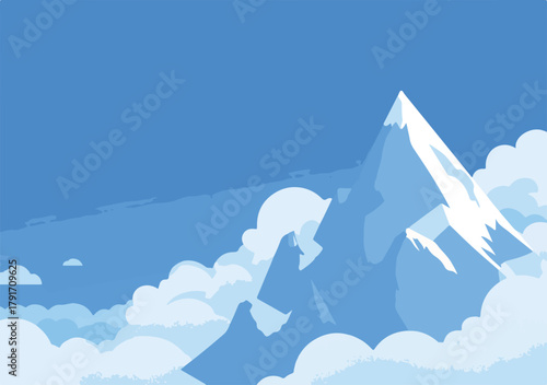 青空にそびえる雪を頂いた雄大な山の風景、雲海が広がる。