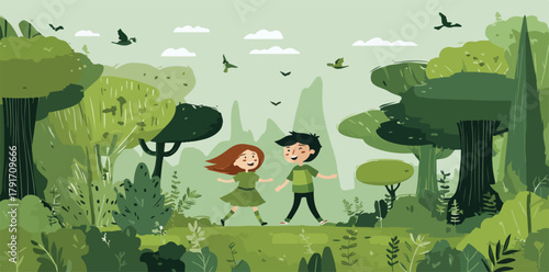 緑豊かな森で手をつないで歩く子供たちの楽しそうな姿、自然との触れ合い