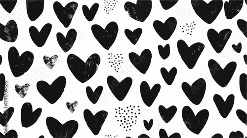 白地に黒いハートが散りばめられた、手描きのテクスチャデザインのシームレスパターン