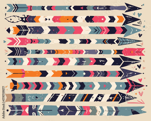 ネイティブアメリカン風の装飾的な矢印のセット、ボヘミアンまたは部族のモチーフ、イラストレーション