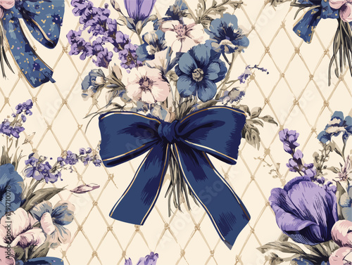 青いリボンで結ばれたエレガントな花束のベクターイラスト、繊細な模様の背景