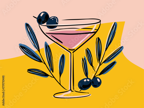 おしゃれなカクテルグラスとオリーブの枝が彩る、モダンでスタイリッシュなイラストレーション。