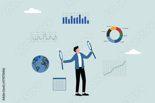 Business analysis, calculation or research for market growth, financial reports, investment data or sales information concept, business analyst holding magnifying glass analyzing graphs and charts.