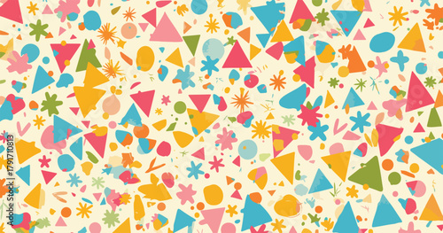 カラフルで楽しい幾何学模様のテクスチャ背景、子供向けの明るいデザイン