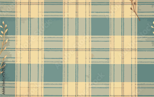 素朴なチェック柄の背景に繊細な植物の枝が優しく配置された、穏やかな雰囲気のベクターイラスト。