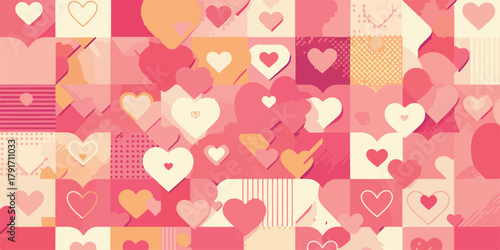 多様なピンクとオレンジのハートが敷き詰められた、バレンタインデーの抽象的な背景デザイン