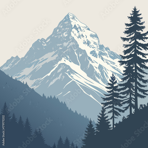 A majestic mountain peak rises above the evergreen forest landscape