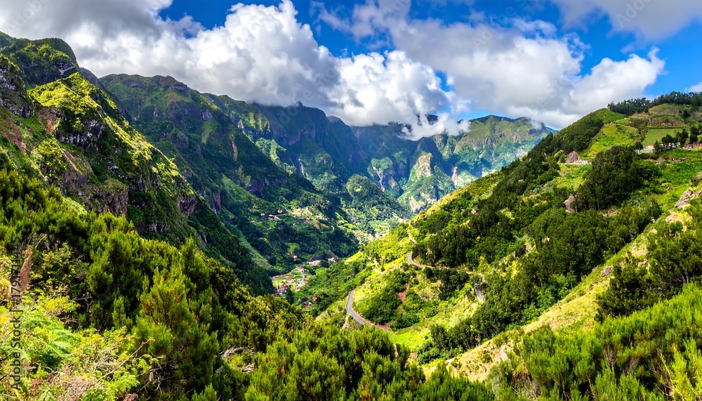 Fototapeta premium Lush valley nestled in volcanic mountains under a vibrant sky
