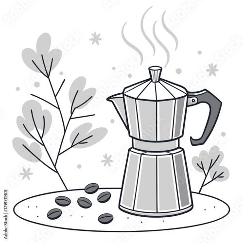 Illustration of a moka pot with coffee beans