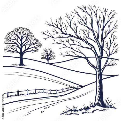 Winter landscape with bare trees and a fence