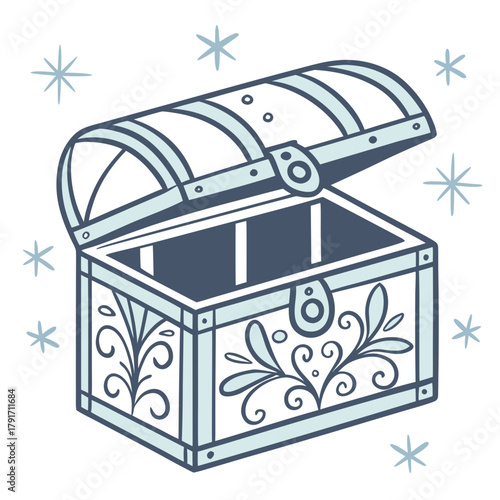 An open treasure chest with decorative designs