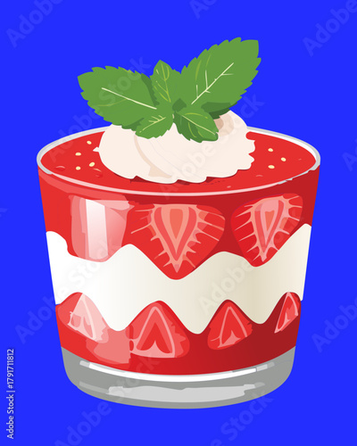 Layered strawberry and cream parfait dessert in a glass bowl, garnished with fresh mint leaves and a whole strawberry - Vector Illustration