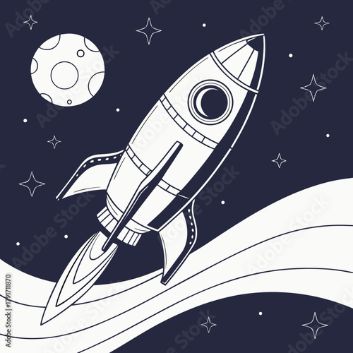 Illustration of a rocket ship flying through space with a moon nearby