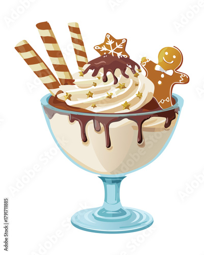 Dark chocolate sundae dessert, heavily drizzled with chocolate sauce and decorated with gingerbread men and red star sprinkles - Vector Illustration