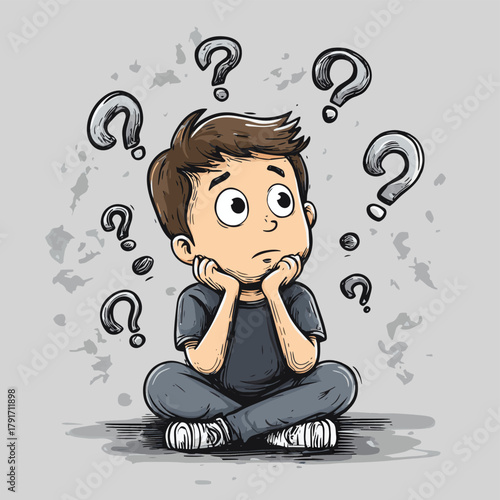 Contemplative individual pondering questions with confusion amidst a grey backdrop   , vector style simple color