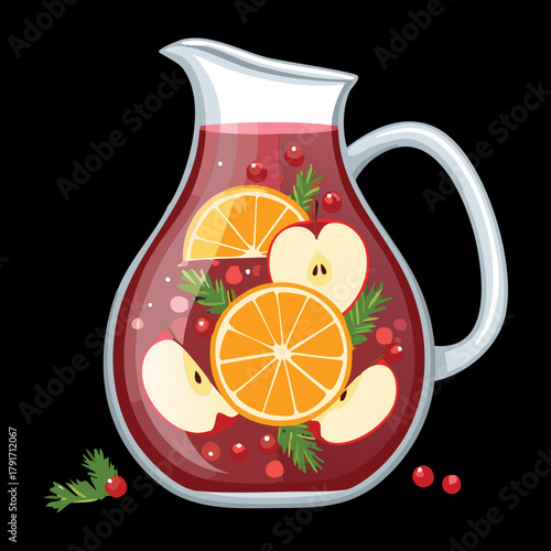 Festive Winter Punch or Mulled Wine in a Large Glass Pitcher Garnished with Orange, Apple, and Cranberries - Vector Illustration