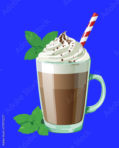 Layered Peppermint Hot Chocolate or Coffee with Whipped Cream and a Candy Cane Straw in a Tall Glass for Winter Treat - Vector Illustration