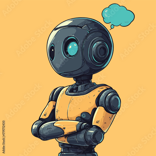 A cartoon illustration of a robot with crossed arms