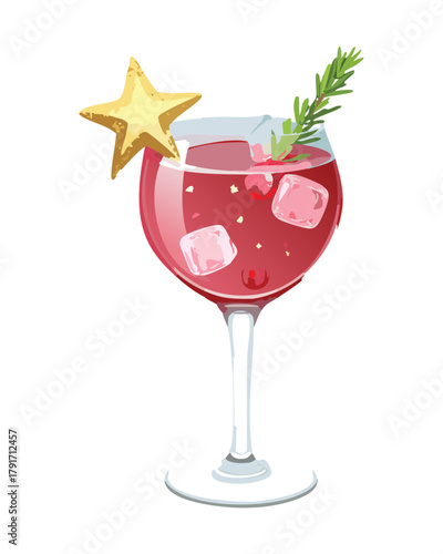 Elegant Festive Cranberry Cocktail with Star Garnish and Rosemary Sprig in a Wine Glass for Christmas Celebration - Vector Illustration