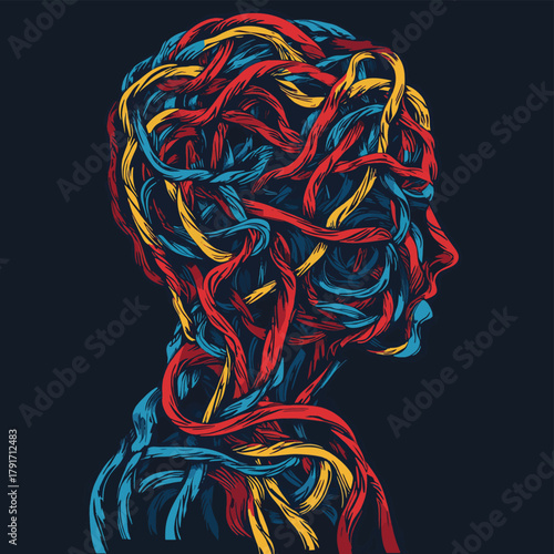 A characters thoughts are shown as a tangled ball of string, with different strands representing different thoughts and memories. Psychology art   , vector style simple color