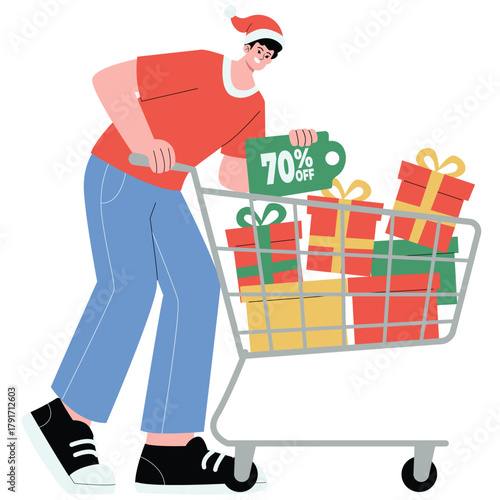 Christmas Sale Illustration. Vector illustration of Man in Santa hat pushes shopping cart stacked with wrapped gifts and seventy percent off tag. Isolated on background
