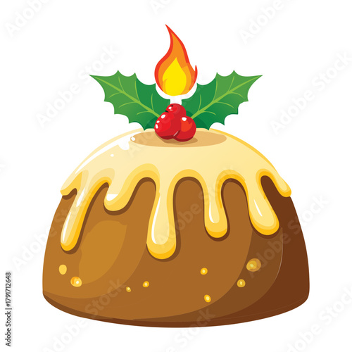 Delicious Christmas Pudding Drizzled with Smooth Caramel Sauce, Topped with Holly and a Burning Small Flame - Vector Illustration