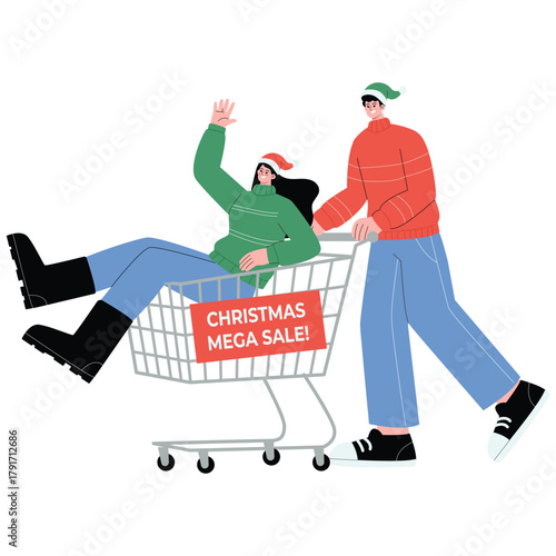 Christmas Sale Illustration. Vector illustration of Young couple enjoys a Christmas mega sale ride in a shopping cart, playful scene for retail promotions and festive marketing. Isolated on background