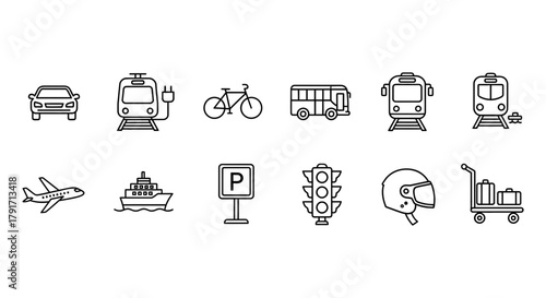Transportation icons set vector illustration of car train bicycle bus airplane ship and more