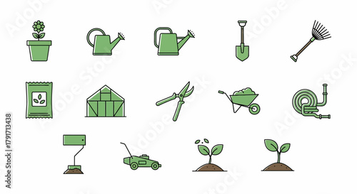 Gardening tools and equipment vector icons set for agriculture planting and horticulture design
