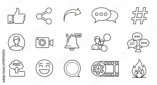 Social media marketing icons vector set like share comment live post and more line art