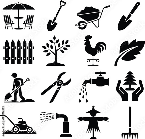 Collection of black and white garden and outdoor activity icons set