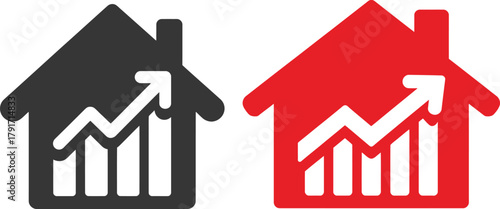 Two stylized house icons showing upward trending financial growth charts