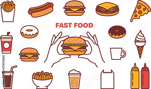 Collection of delicious fast food items and drinks on a white background