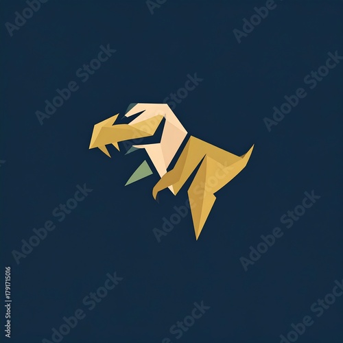 A stylized geometric dinosaur in gold and beige, set against a dark blue background. The creature is posed dynamically, showcasing its teeth