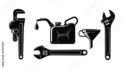 Adjustable wrenches set with a fuel canister and funnel for various mechanical repair tasks.