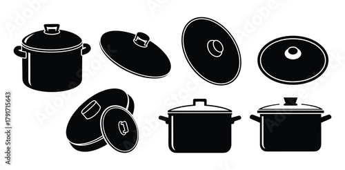 Black and white cooking pot collection. Kitchenware design elements with different lids and saucepans