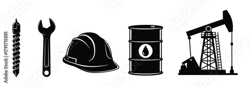 Black icon set of oil and gas industry tools, equipment, and production elements.