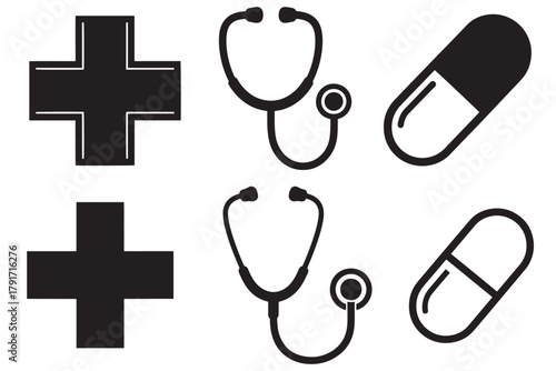 Medical symbols vector set with stethoscope, cross, and pill. isolated on transparent background, Vector