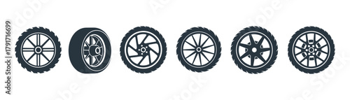 Car wheels set. Auto service accessories. Various tires and rims. Isolated icons on white.